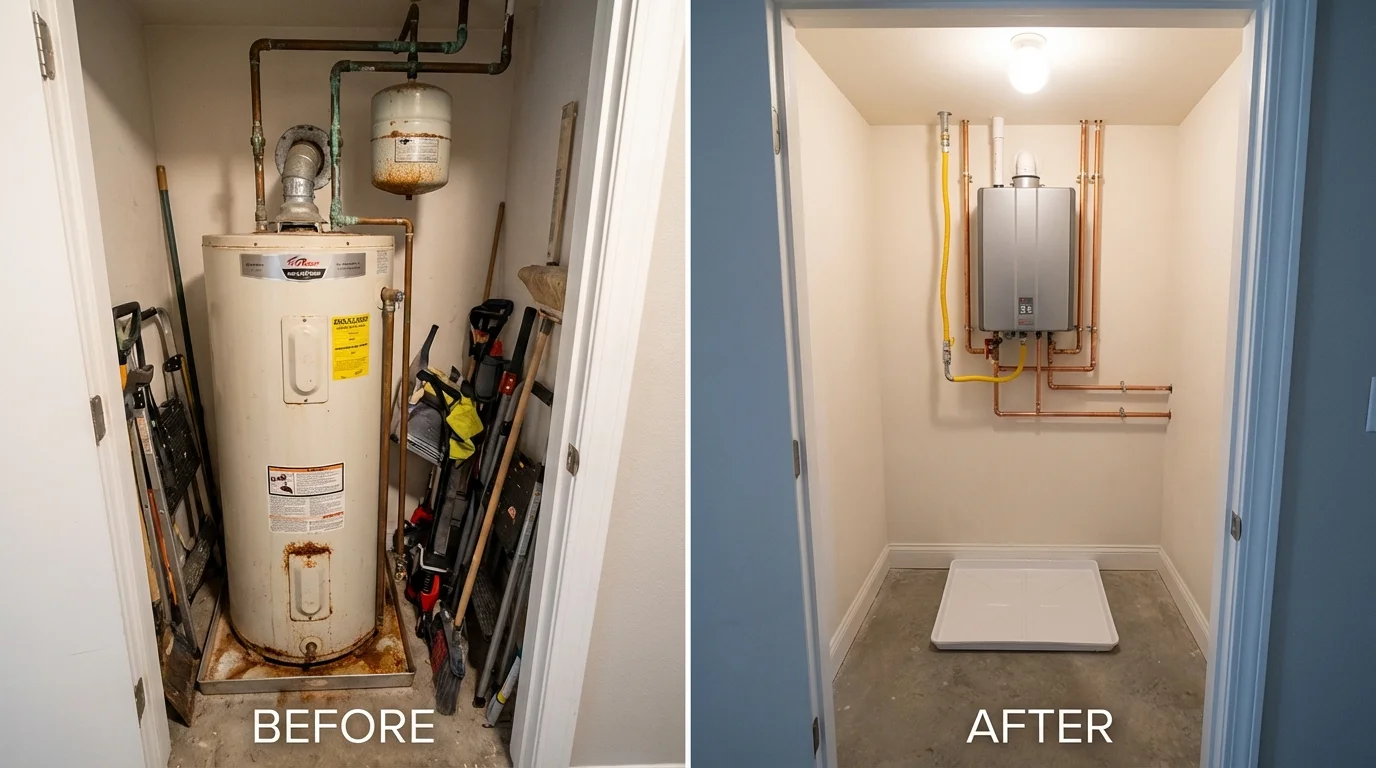 Tank water heater versus wall-mounted tankless unit comparison for Caldwell, OH homeowners