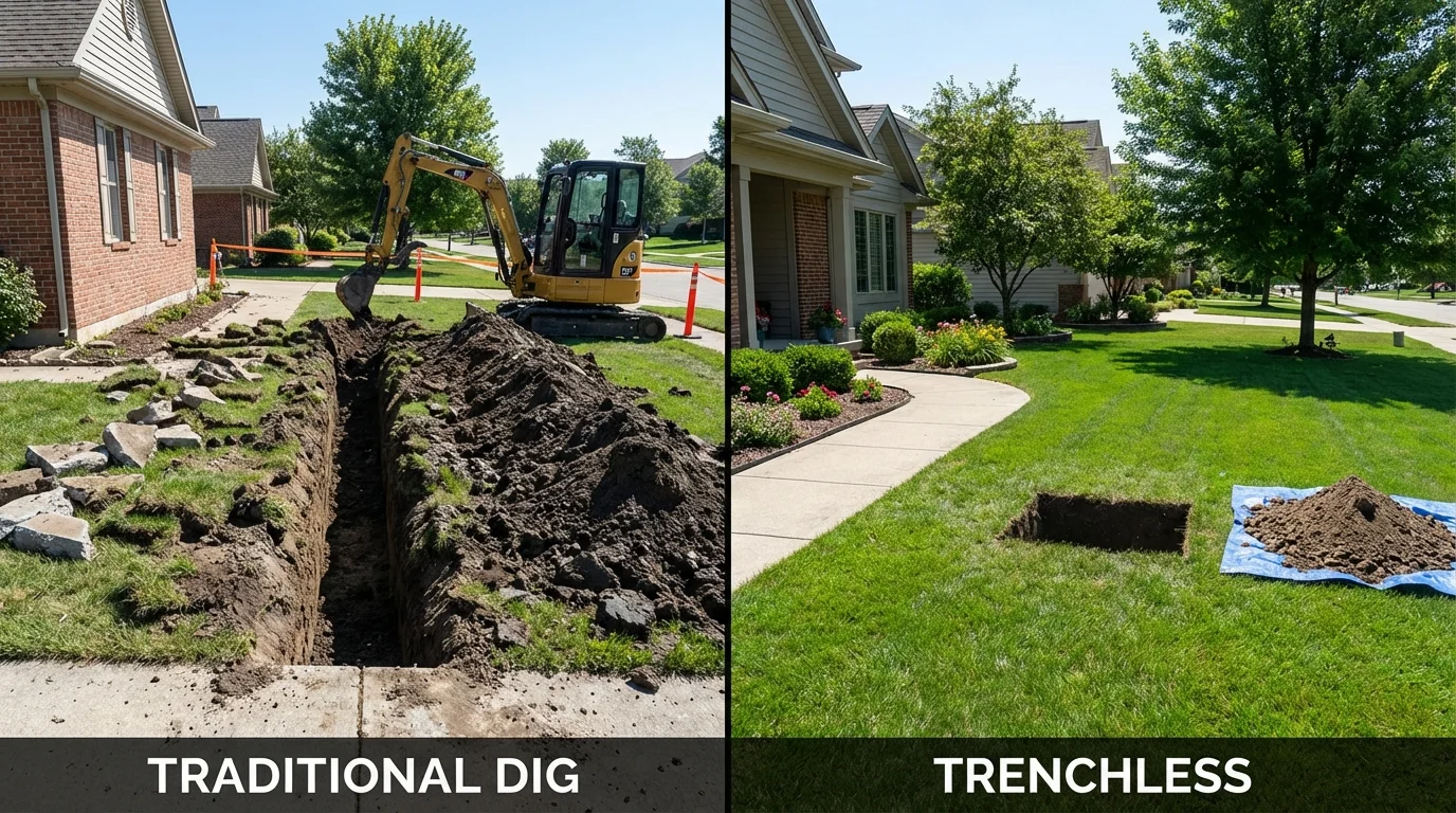 Trenchless sewer repair with minimal yard damage versus traditional excavation in Caldwell, OH