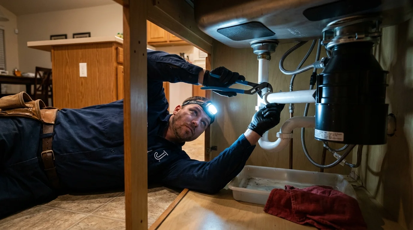 P-trap and supply line connections under a kitchen sink showing a common leak point in Caldwell, OH